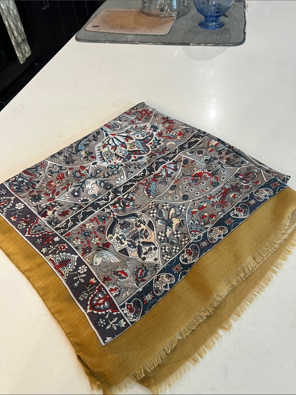Ornate Floral Print Scarf with Mustard Fringe